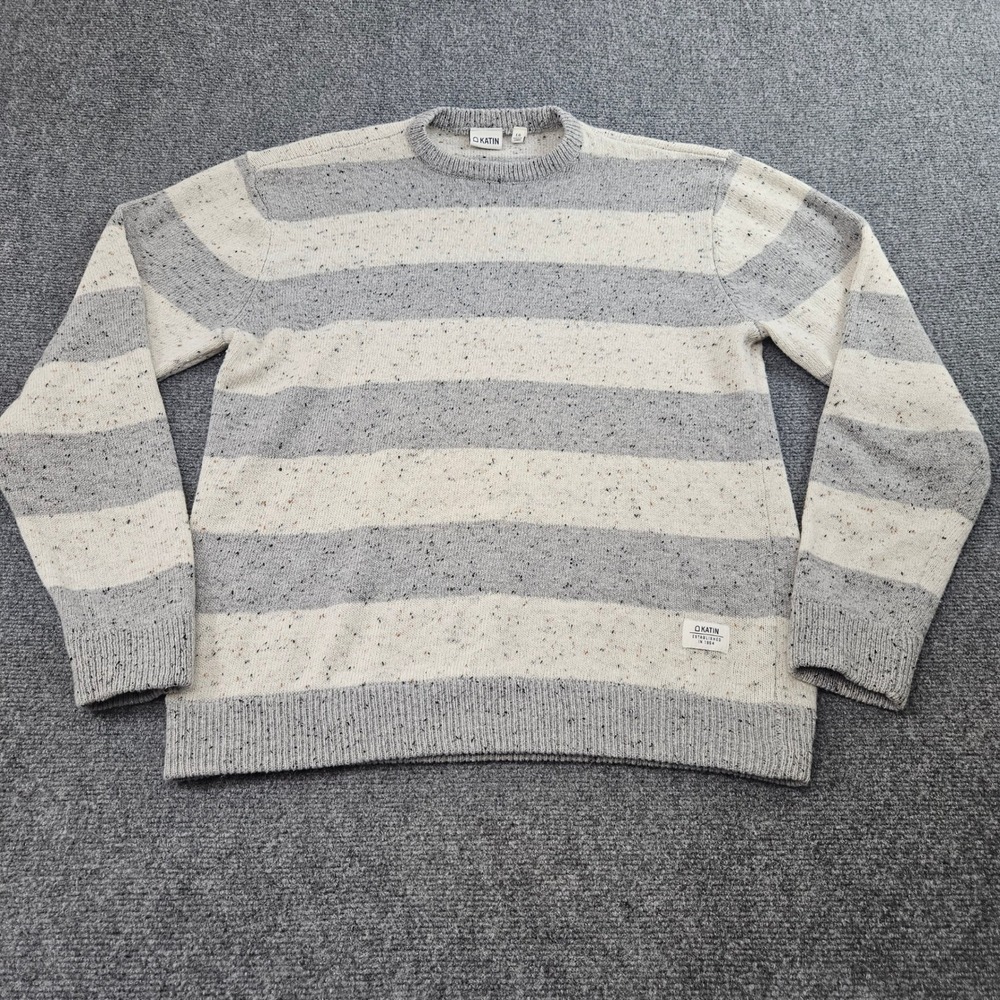 Katin Sweater Mens Large Gray White Striped Crewneck Wool Blend Coastal Surf